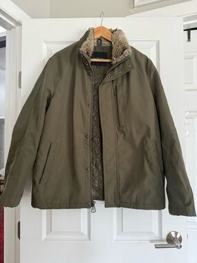 Mens Marc New York Olive Green Military Style Field Jacket with Faux Fur Collar